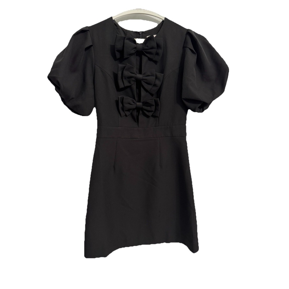 MABLE Size Small Dress Black Bows Puff Sleeves Dressy Knee Length Satin Look
